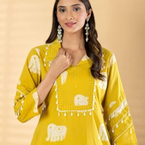 Women Yellowish Elephant Print Kurta