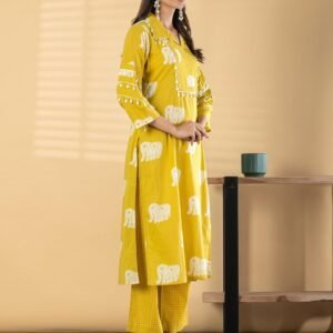 Women Yellowish Elephant Print Kurta